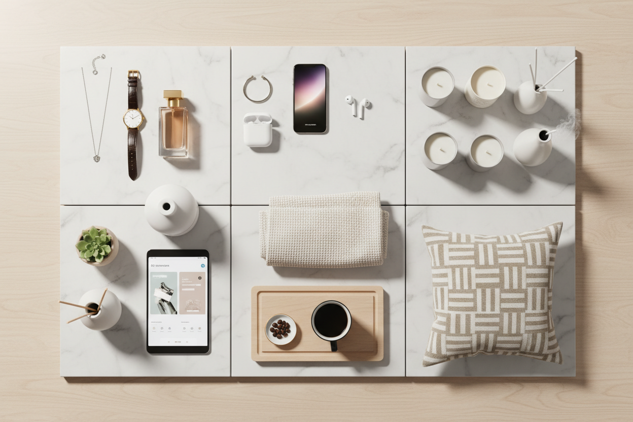 create single image with include jewelry, electoric gadgets, watch, perfume, relaxing item watch, and home and lifestyle item for online sale