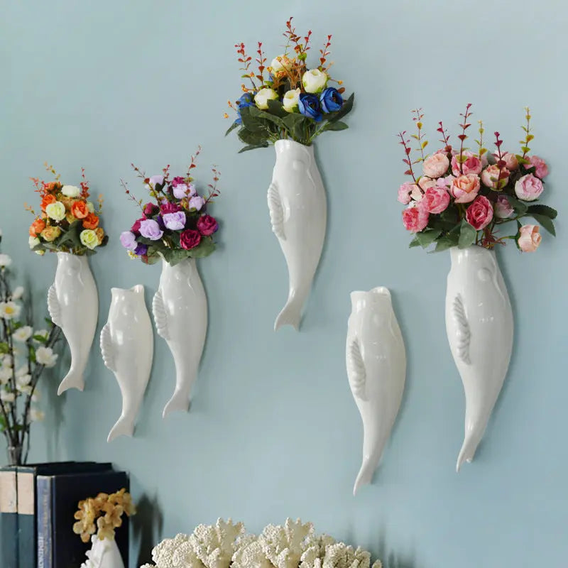 Simple Modern Creative Wall Ceramic Goldfish Vase Restaurant Mural Wall Hanging Three-Dimensional Wall Decoration Wholesale cjdropshipping