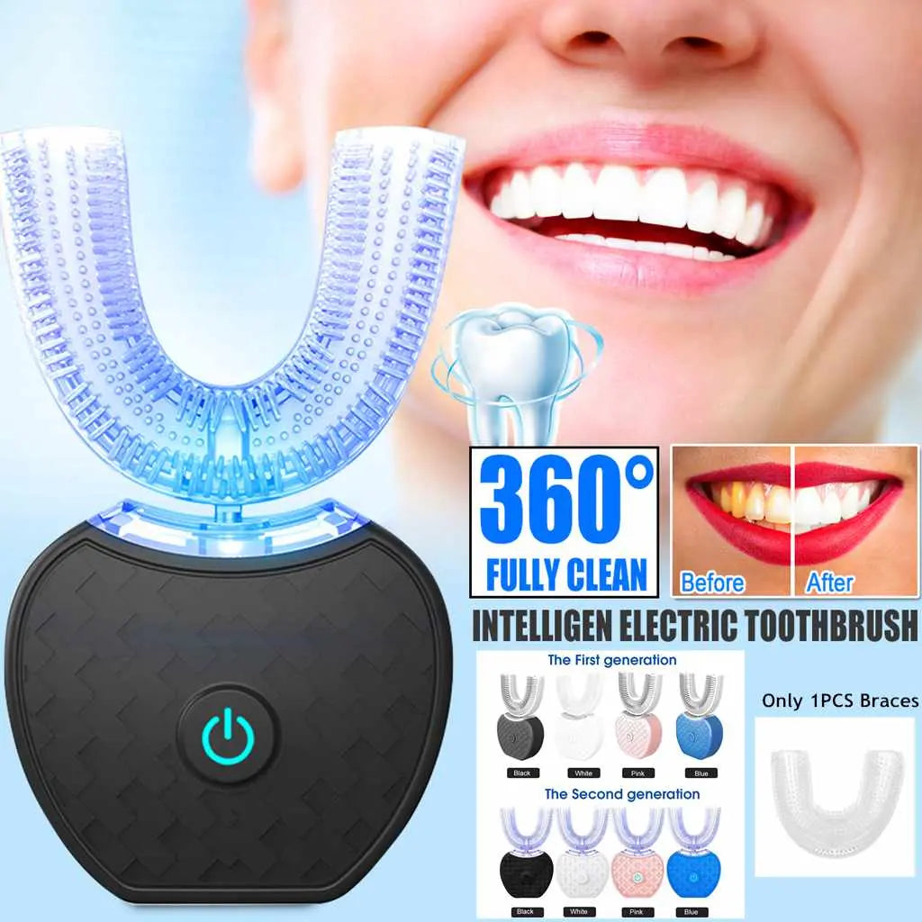 360 Degrees Intelligent Automatic Electric Toothbrush Waterproof U Type Tooth Brush Whitening Blue Light USB Charging cjdropshipping