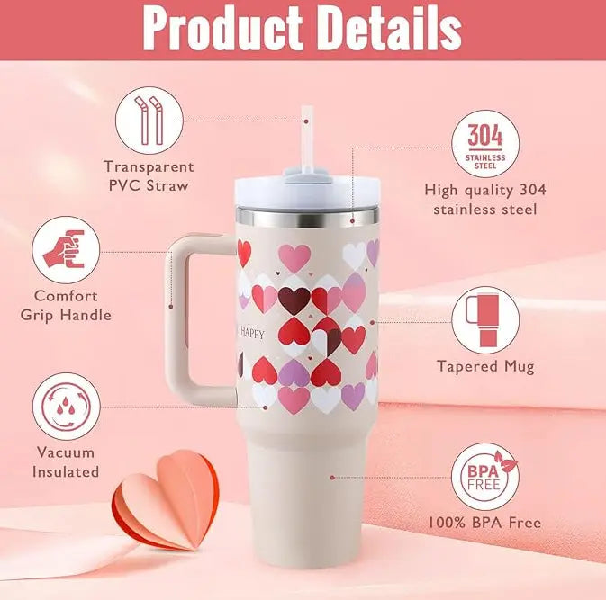 40 Oz Tumbler With Handle Straw Insulated, Stainless Steel Spill Proof Vacuum Coffee Cup Tumbler With Lid Tapered Mug Gifts For Valentine Lover Suitable For Car Gym Office Travel cjdropshipping
